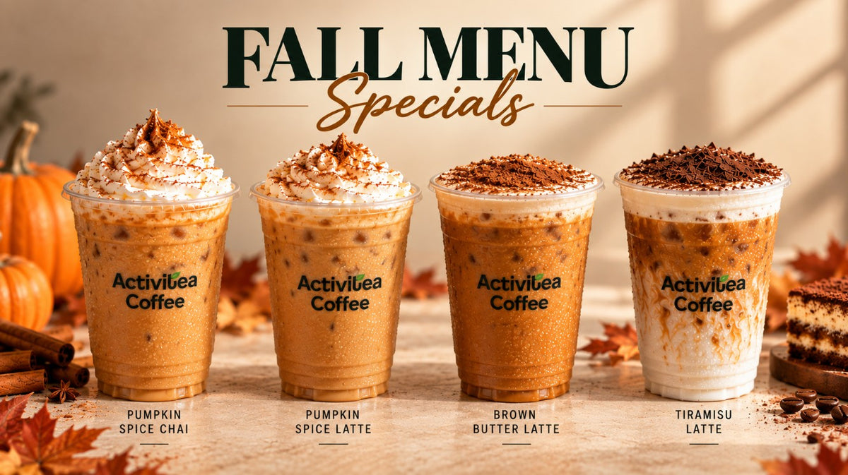 A colorful lineup of real Activitea Coffee drinks in branded Wheaton cups